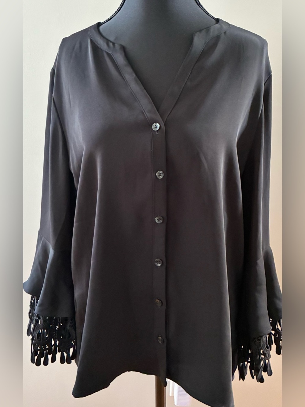 Chico's Black Button-Front Blouse with Tassel Sleeve Trim